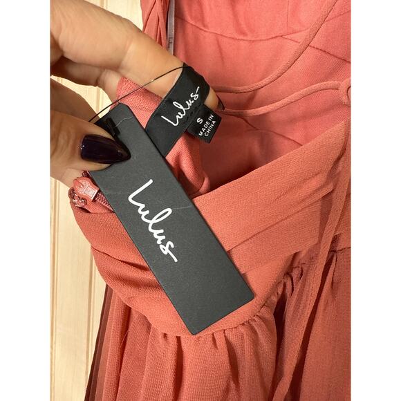 NWT Lulus Soiree Celebration Rusty Rose Ruffled Lace-Up Maxi Dress Bridesmaid S - Picture 5 of 9
